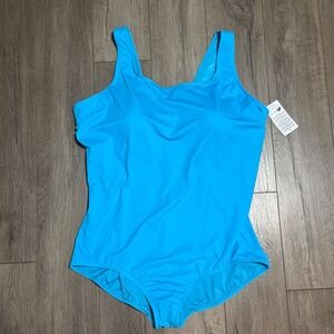 Lands End Womens Plus Size 26W Turquoise Blue One Piece Swimsuit Shelf Bra NWT